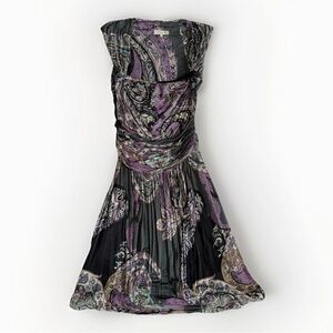 Etro Milano Paisley Printed Ruched Dress Size 44 US 8 Purple Italy Luxury Fairy